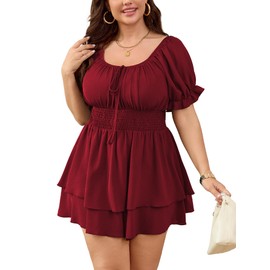 SCOMCHIC Women Plus Size Romper Dress Summer Short Jumpsuit Square Neck Puff Sleeve High Waist Ruffle Boho Jumpsuits