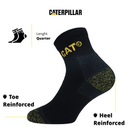 CAT Caterpillar 6 Pairs Quarter Work Socks Ankle Length - Double Heel Toe Reinforcement - Cotton Terry Cloth Sole, black