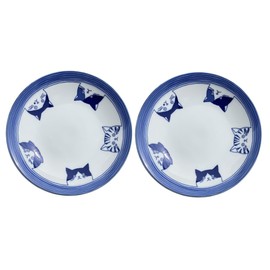j-pure hitomi Japanese Ceramic Medium Plate Set, Five Kinds of Cat Face Patterns, 6.4 x H1.18 Inches Mino Ware White & Blue Set of 2, from Japan 23236