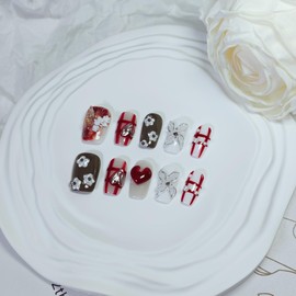 Short Coffin Press on Nails Handmade False Nails with Designs, 3D Hand-painted Reusable Fake Nails Stick on Nail (Valentine Red+Heart, M)