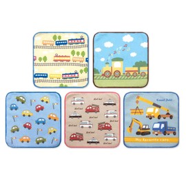 Hayashi Petite Towels, Different Patterns, Set of 5, 6.3 x 6.3 inches (16 x 16 cm), With Name Tag, Mini Towel, Kindergarten, Nursery School (Skip Vehicle)