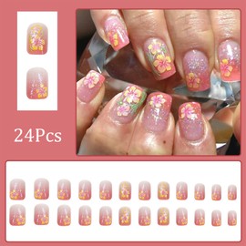 24 Pcs Hibiscus Flower Press on Nails Short Square Fake Nails Pink Glitter Gradient Glue on Nails Glossy Full Cover Sparkly Acrylic Nails Floral Reusable Stick on Nails for Women DIY Charm Manicure