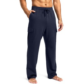 Pudolla Men's Cotton Sweatpants with Cargo Pockets Open Bottom Yoga Pants for Men Lounge Pants for Athletic Workout Casual(Navy XX-Large)
