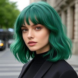 PHOENIXFLY Green Wavy Wigs With Bangs Short Burgundy Bob Wavy Wigs for Women Curly Synthetic Cosplay Wig for Girls Daily Use Colorful Wig