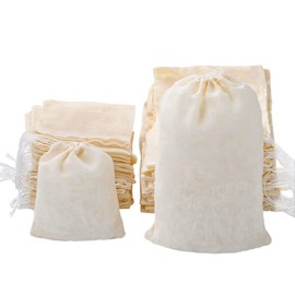 Pack of 60 Cotton Muslin Bags with Drawstring, 8 x 10 cm and 10 x 15 cm Tea Bags, Reusable, Cotton Bags for Loose Tea, Coffee, Herbs, Spices, Dipping (Beige)