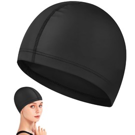 Waterproof Swimming Cap with Ear Protection for Men and Women, Soft Polyester Swimming Cap for Long and Short Hair, Chlorine Protection, Comfortable Fit, Elastic - Black