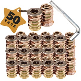 Performore - 50 Pieces Threaded Wood Inserts, 1/4"-20 x 15mm Furniture Screws in Nut Threaded Inserts with Hex Socket, Zinc Plated - for Wooden Furnitures, Products, & Model, One Allen Wrench Included