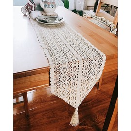 Table Runner 10 x 69 inches, Woven Cotton Crochet Lace Boho Table Runners with Tassels for Home Dining Table, Farmhouse Style Décor or Kitchen Dresser, Dining Tablecloths Home Decoration (10" x 69")
