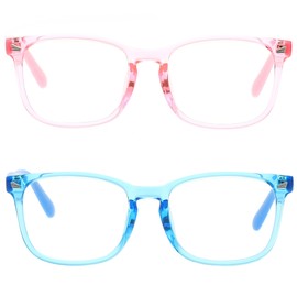 Teumire Kids Blue Light Blocking Glasses for Boys Girls Square Computer Gaming Unbreakable TR90 Eyeglasses 2 Pack(Pink+Blue)