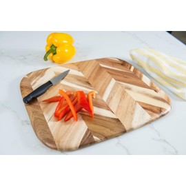Lipper International Acacia Herringbone Rounded Edge Cutting and Serving Board with Inset Handles for Chopping Meats, Fruits and Vegetables, Small, 12 1/2" x 14 1/2" x 3/4" Thick
