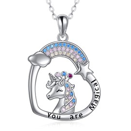 HUKKUN Unicorn Necklace Sterling Silver Heart Rainbow Necklace Unicorn Jewelry Gift for Daughter