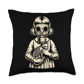 Creepy Girl Wearing Gas Mask and Holding a Cat Skeleton Throw Pillow