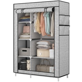 Calmootey Portable Closet Organizers, Clothing Storage, Wardrobe with 6 Shelves and Hanging Rod, Non-Woven Fabric Cover with 4 Side Pockets, Ash Grey