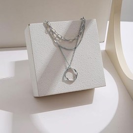 Azwood Boho Layered Circle Choker Necklace Choker Vintage Paperclip Chain Necklace Geometric Circle Pendant Necklaces Silver Hollow Multilayer Statement Necklaces Jewelry for Women Girls