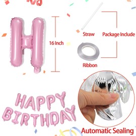 KALOR Pink Happy Birthday Balloons Banner, 16 Inch Mylar Foil Letters Balloon Sign for Birthday Party Decorations Photo Booth Backdrop