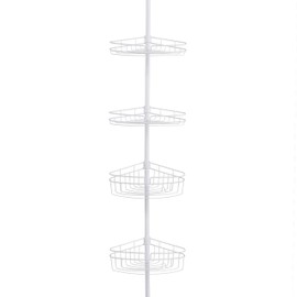 Kenney KN61523 Adjustable Height (5-9 Feet) Spring Tension Rust-Resistant Metal Corner Pole Shower Caddy with 4 Adjustable Basket Shelves, Towel Bars, and Razor Holders for Bathroom Shower, White