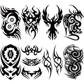 Briyhose Tribal Temporary Tattoo For Men Adult, Black Large Totem Tribal Fake Tattoo Men, Long Lasting Waterproof Big Temp Tatoo Sticker Boy Teen Chest Half Arm Body Art Makeup, 8-Sheet
