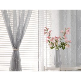 MIULEE 14 Sheer Voile Floral Embroidery Curtains with Eyelets, Transparent