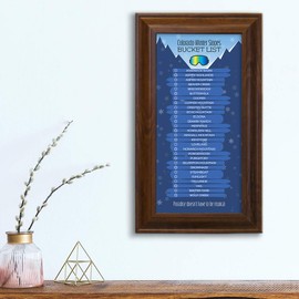 Colorado Ski Resorts Bucket List - Blue Snowflakes - Brown Frame - 13.5 inches x 23.5 inches - Track Your Colorado Ski Adventures