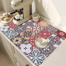 Retro Bohemian Dish Drying Mat 18"x24"Microfiber Absorbent Fast Dry Mat for Kitchen Counter Coffee Bar Artistic Boho Grid Large Drying Mat Kitchen Decor Gifts (Boho, 18x24 inches)