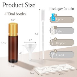 ZEJIA 10ml Roller Bottles for Essential Oils, 4 Pack Glass Roll on Bottles, Refillable Perfume Bottle, with Stainless Steel Roller Balls, 2 Droppers, 1 Opener, Labels (Amber)