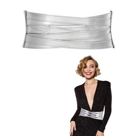 Geyoga Women Wide Elastic Waist Belt Leather Corset Obi Belt Stretchy Waistband for Dresses Ladies Fashion 4'' Wide(Silver,Small)