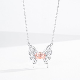 TANGPOET Butterfly Necklace 925 Sterling Silver Rose Gold Lotus Flower Pendant, Birthday Jewellery Gifts for Women Ladies Girls