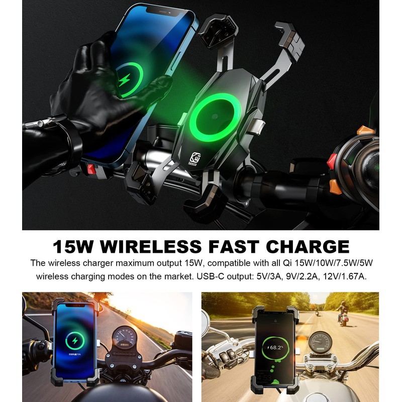 Kewig Motorcycle Phone Mount with Qi 15W Wireless Charger &