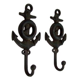 Primitive Brown Cast Iron Anchor and Life Preserver Wall Hooks, 7 1/4 Inches, Set of 2