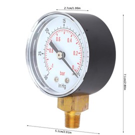 Regun Vacuum Pressure Gauge, -1-0Bar -30-0inhg Universal Vacuum Pressure Gauge 50 mm 1/8 BSPT Brass Vacuum Pressure Gauge for Water, Oil, Air or Gas