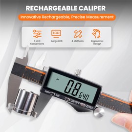 HARDELL Digital Caliper, Rechargeable 0-8 Inch Calipers Measuring Tool with Large LCD Screen, Inch/MM/Fraction, Stainless Steel, Auto-Off, Vernier Caliper Digital Micrometer