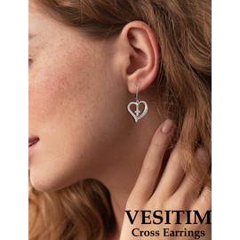 Vesitim Sterling Silver Cross Earring for Women Heart Dangle Drop Earrings Religious White Gold Plated Cubic Zirconia Jewelry Gift