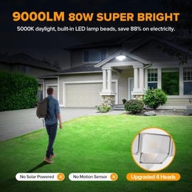 LUTEC 80W Dusk to Dawn Flood Lights Outdoor, 9000LM Super Bright LED Security Light with Photocell, IP65 Waterproof, 5000K Daylight, Hardwired 4 Heads Floodlight for Garage, Yard, Patio (White)