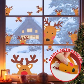 Reindeer Window Decals Double Sided Christmas Window Clings Stickers Xmas Rudolph Decals for Glass Windows Christmas Wall Decal Cartoon Deer Decal Car Sticker Xmas Party Supplies Indoor Home Decor
