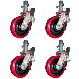 4 pcs Scaffold Caster 5" 6" 8" Black/Red Wheels with Locking Brakes (6" Polyurethane 1-3/8" stem)