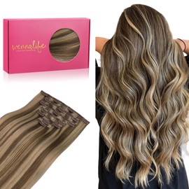 WENNALIFE Clip in Hair Extensions Real Human Hair, 20 Inch 120g 7pcs Human Hair Extensions Clip In Human Hair, Balayage Chocolate Brown to Caramel Blonde Hair Extensions Clip In Real Hair Coloured