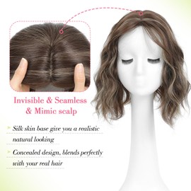 Ms Taj 11 Inch Short Wavy Hair Topper for Women with Thinning Hair, Synthetic Lightweight Breathable Hairpiece with 6.5"x6.5" Base, Instantly Adds Volume and Coverage（Dark Ash Brown with Highlights）