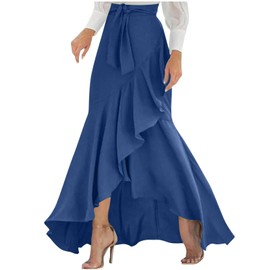 Women's Maxi Skirts Fashion Flowy Ruffle Front Split Skirts Elegant High Waist with Belt Clothing Prom Formal Wear Blue