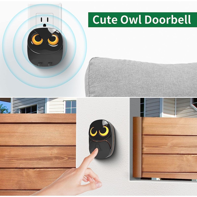 Wireless Doorbell, Cute Owl Doorbell Weatherproof IP55 Outdoor Remote Push