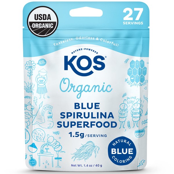 KOS USDA Organic Blue Spirulina Powder, Phycocyanin - Vegan Algae Superfood - Natural Food Coloring for Smoothies & Protein Drinks, Plant Based, Non GMO - 27 Servings