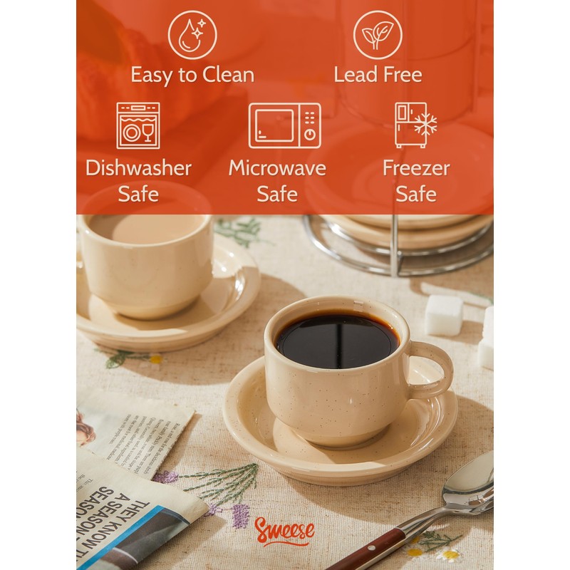 Sweese Porcelain Espresso Cups Set, 2.5 oz, Stackable with Saucers