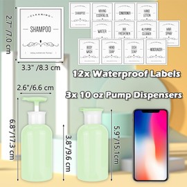 Mulaibdin Pack of 3 Shampoo Bottles for Filling, Pump Dispenser Shampoo, Shower Gel Dispenser, Shower Gel Dispenser Bottle with Labels, Soap Dispenser Bathroom Plastic, 300 ml Pump Bottle