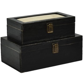 DECOR4SEASON Decorative Wooden Box with Linen Hinged Lid - for Rustic Farmhouse Decor, Set of 2, Black