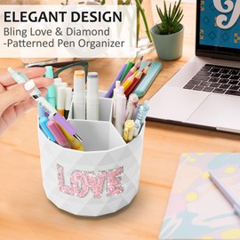 Nuozme Bling Desk Organizer, Glitter Love Rhinestone Rotating Pencil Pen Holders For Desk,Diamond-Patterned Pen Organizer With 5 Compartments,Stylish Desk Accessories For Office School Home (Green)