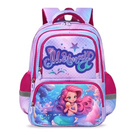 Decalsweet School Bags for Girls with Reflective Strip,Large Girls Backpack for Primary School Elementary School,Lightweight Book Bag for Sports and Travel,Mermaid