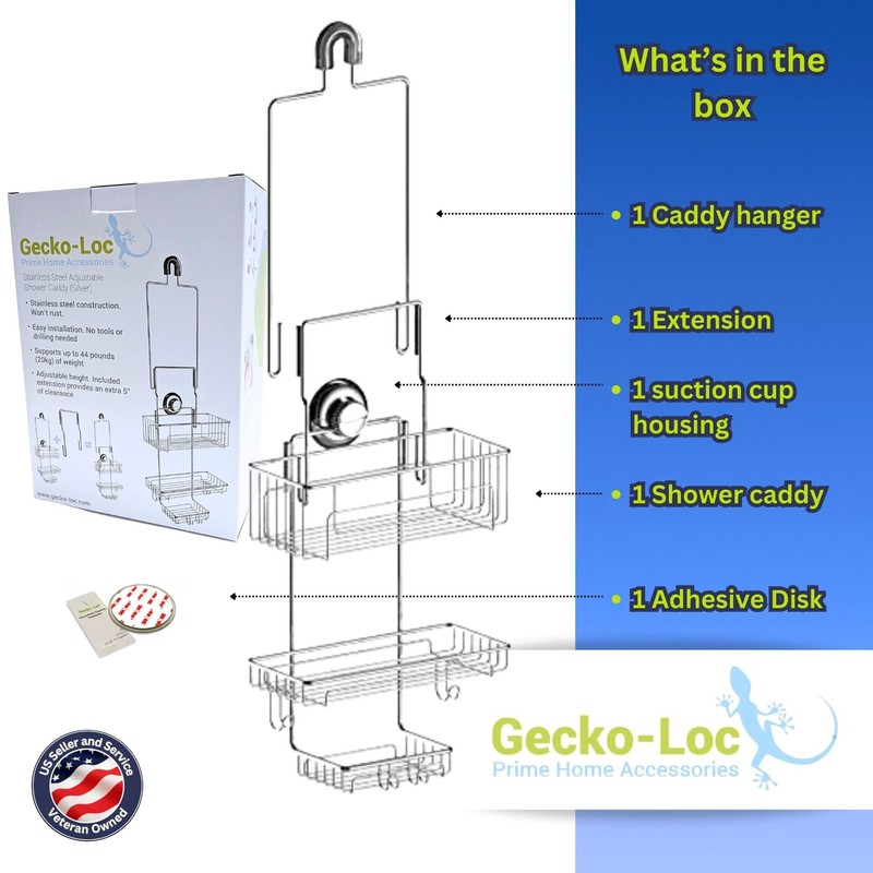 Gecko-Loc SHS-015EXT Extra Long Adjustable Hanging Shower Caddy, Over-the-Showerhead Organizer