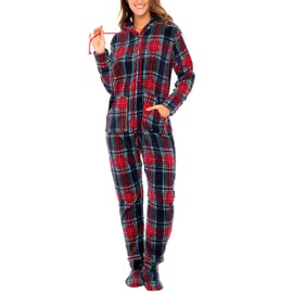 Alexander Del Rossa Adult Onesie Pajamas for Women, Hooded Fleece Adult Onesies for Women, One Piece Pajamas for Women Classic Tartan Plaid Blue Large (A0322W70LG)
