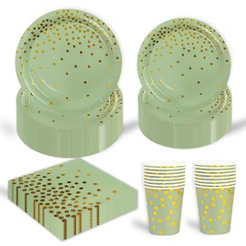 96 Piece Birthday Party Tableware Set, Sage Green Gold Birthday Party Tableware Cups Napkin Paper Plates Set for Girls Children Table Decoration 24 Guests