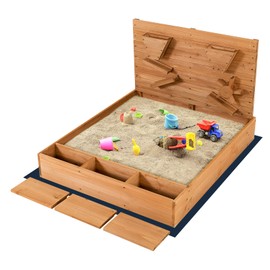 Costzon Wooden Sandbox with Cover, Kids Outdoor Play Sand Pit w/Sand Wall, Bottom Liner, Bench Seat & Built-in Toy Storage Space, Waterproof Coating Sand Box for Backyard Lawn Garden Beach