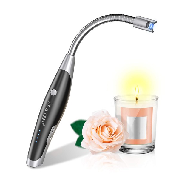 Candle Lighter, AT-Mizhi Electric Lighter Rechargeable Long Lighter, USB Lighter Plasma Arc with LED Flashlight Battery Display, Electronic Rechargeable Long Neck Lighter for Candles, Camping BBQ